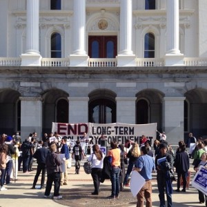 Demonstrators gather at the State Capitol in Sacramento on Tuesday. Photo by Pete Brook.