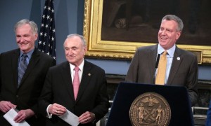 New York City's new Commissioner of Correction, Joseph Ponte, with NYPD chief Bill Bratton and Mayor Bill DeBlasio.